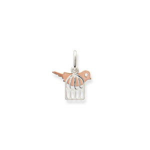 A Sterling Silver Pendant featuring a Rose Gold vermeil little bird sitting in a cage