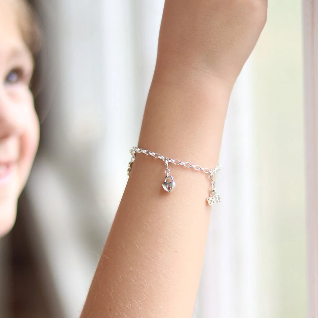 Love Heart Lock Charm in Sterling Silver on Children's Classic Charm Bracelet
