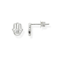 Hamsa Hand earrings with sterling silver and CZ diamond. Front and side view