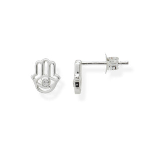 Hamsa Hand earrings with sterling silver and CZ diamond. Front and side view