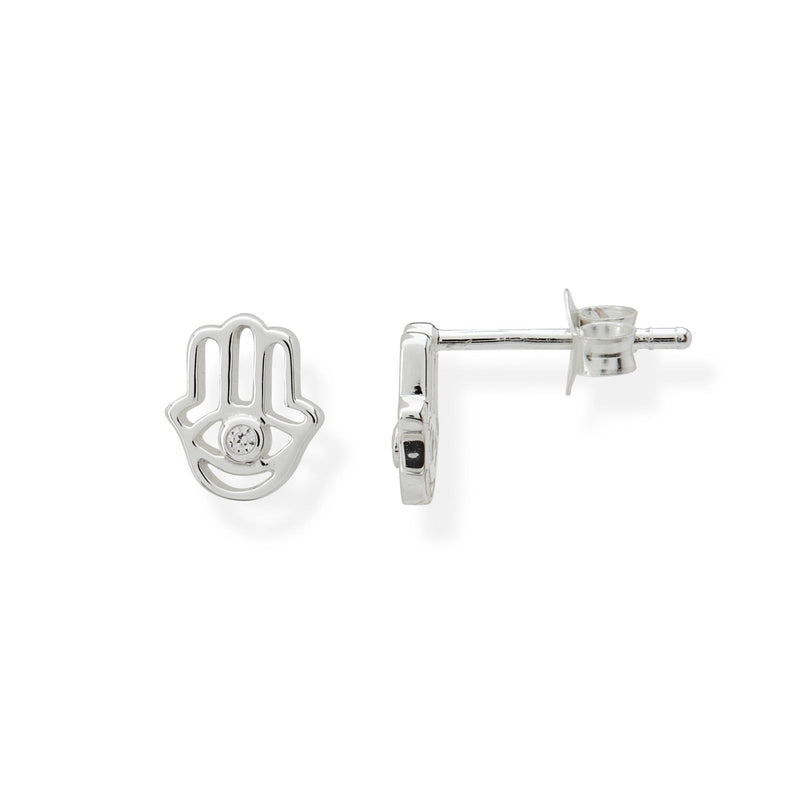 Hamsa Hand earrings with sterling silver and CZ diamond. Front and side view