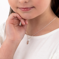 Girl wearing Sterling Silver Owl Necklace, Owl Charm and Owl Earrings