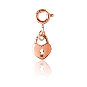 childrens heart charm in rose gold with a lock symbol in the centre