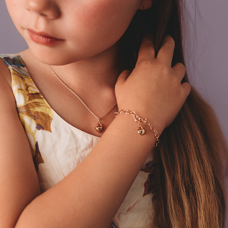 Love Heart Lock Necklace and Love Heart Lock Charm on Charm Bracelet in Rose Gold